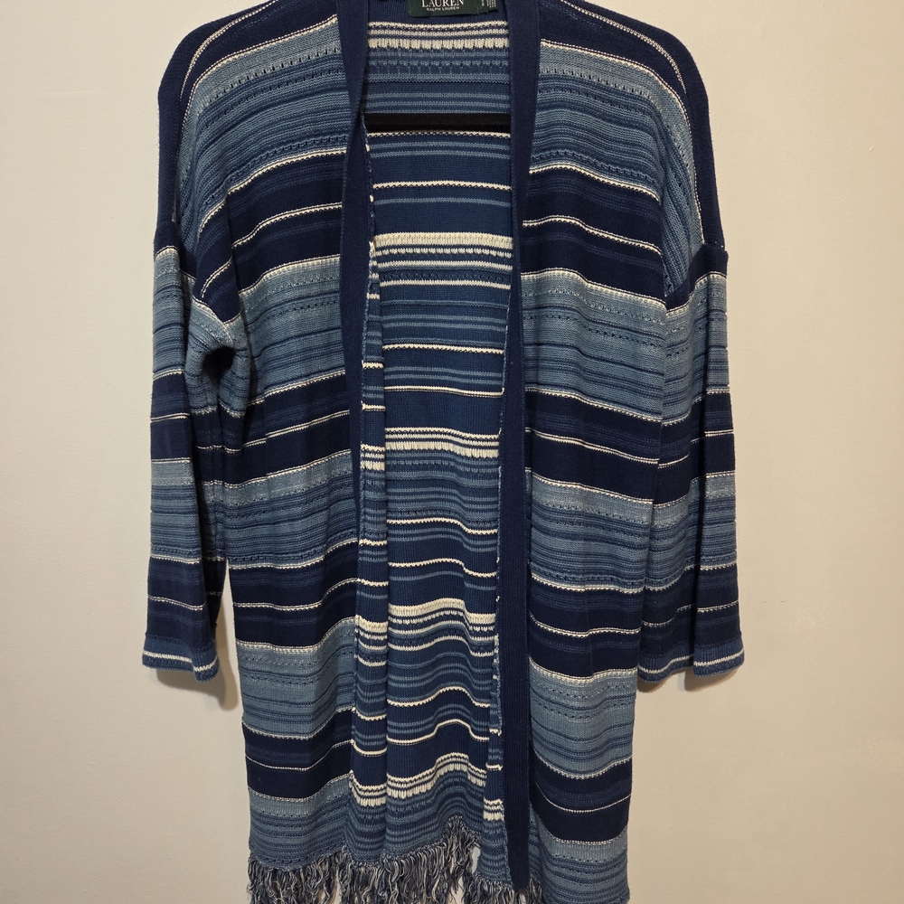 Lauren Ralph Ladies Size Large 3/4 Sleeve Blue Striped Cardigan with Fringe